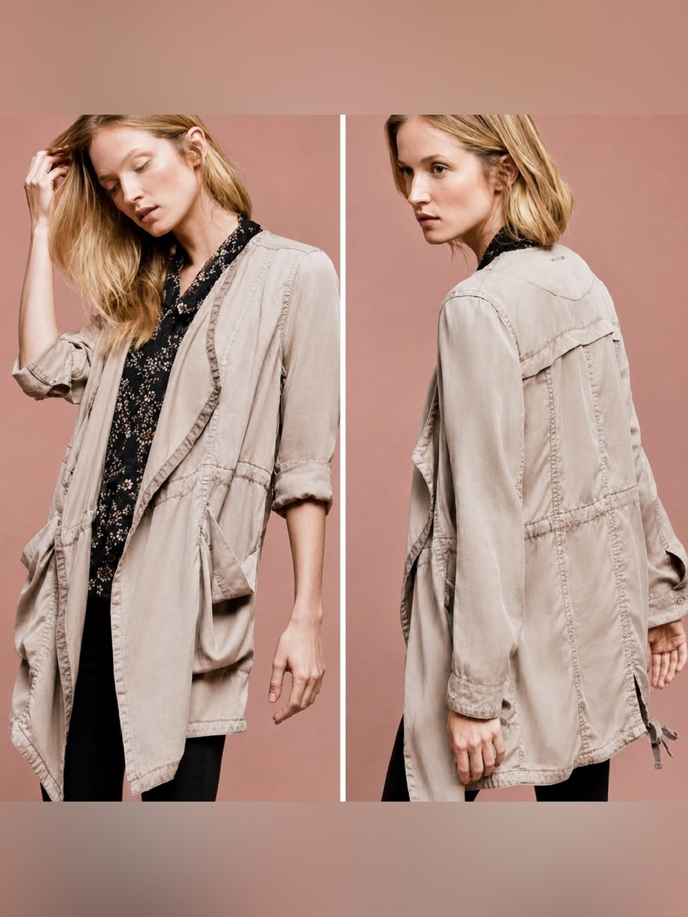 Anthro Hei Hei Utility Jacket M Beige Open Front Oversized‎ Casual Boho Layer